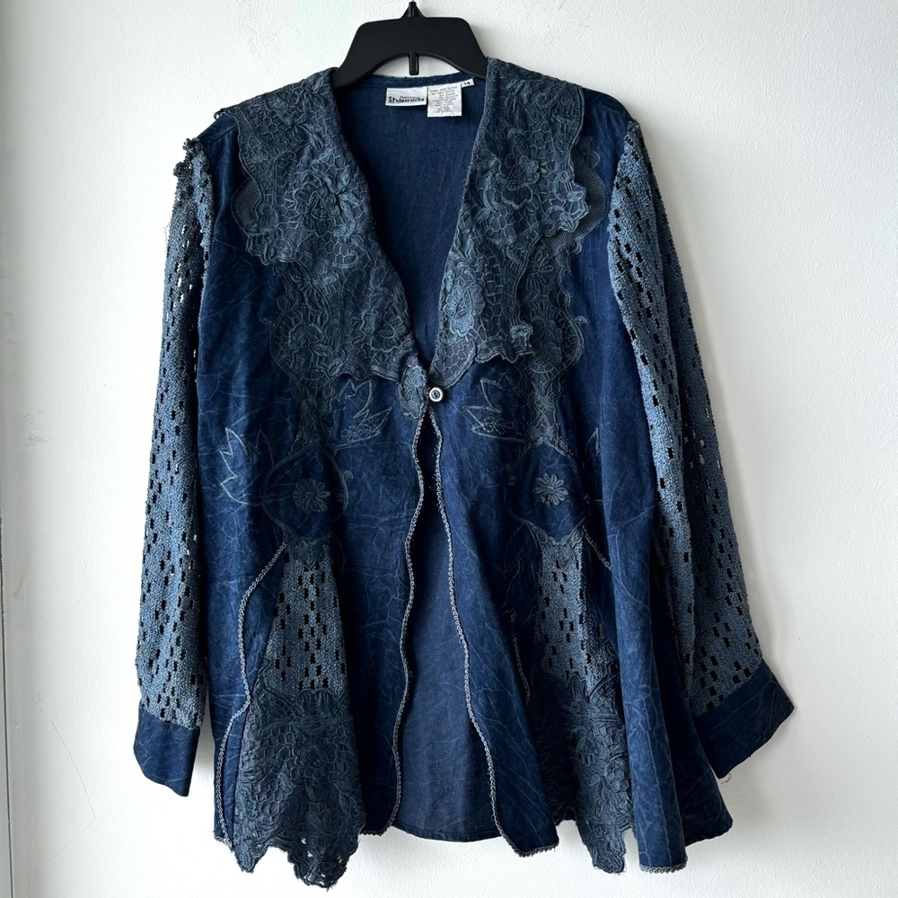 VTG Newport News Jacket Blue Appliqué Crochet Lace Denim Womens 14 Boho Country